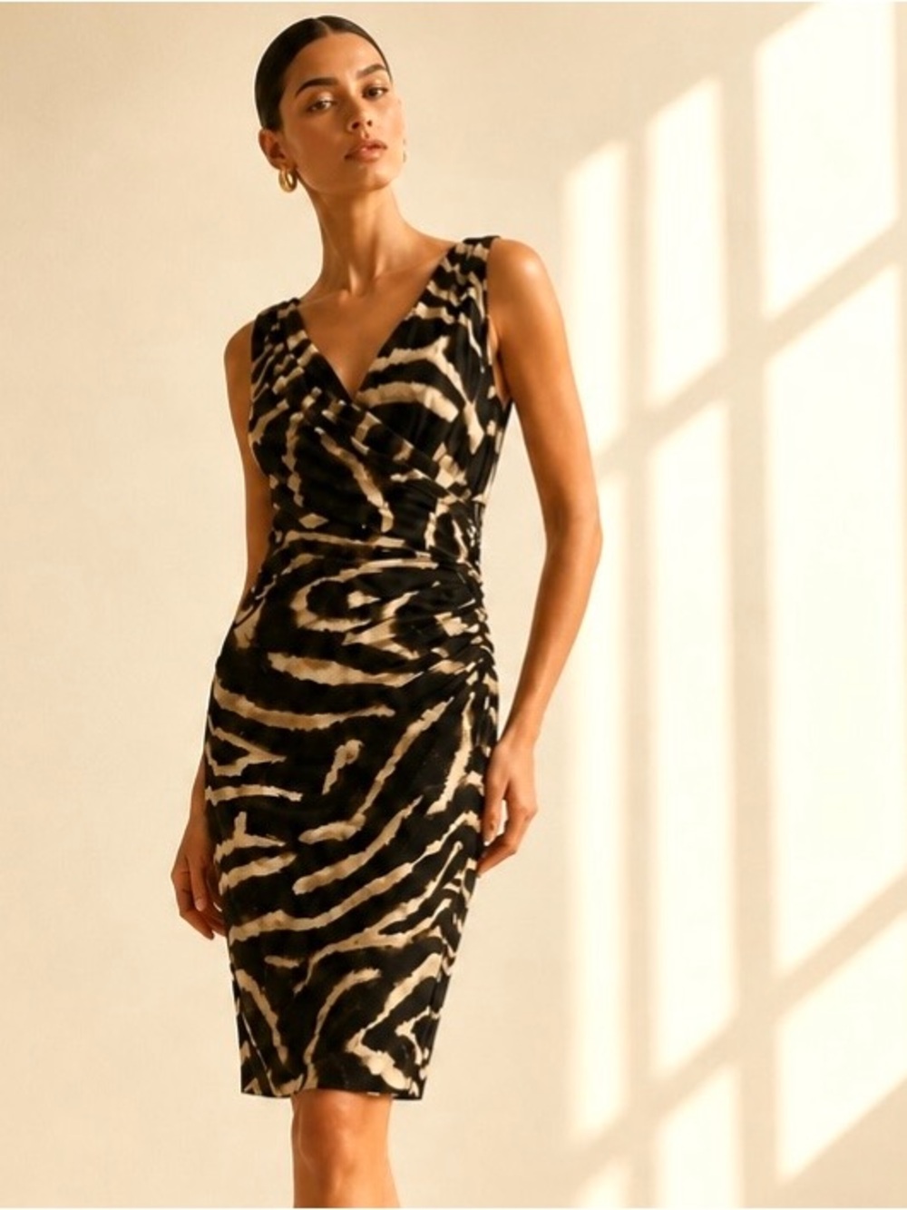 LAUREN RALPH Faux Wrap Dress Bodycon Sexy Animal Print Brown Sleeveless Sz 2